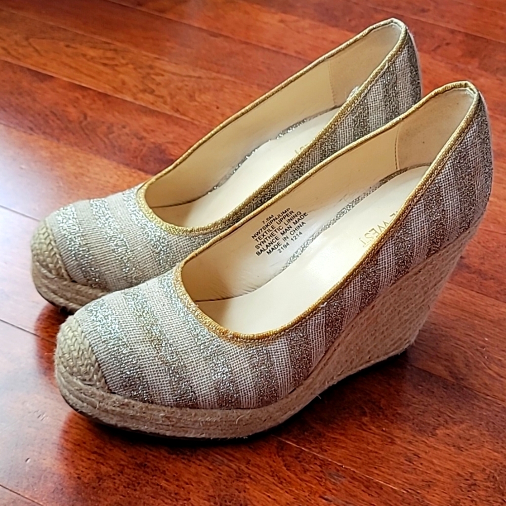 Nine West gold and tweed striped 4" espadrilles heels